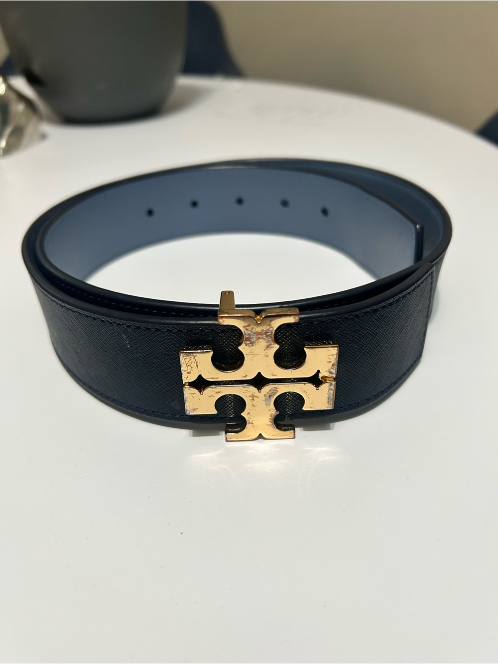 Tory Burch Black navy Belt with Gold Double-T Logo Buckle